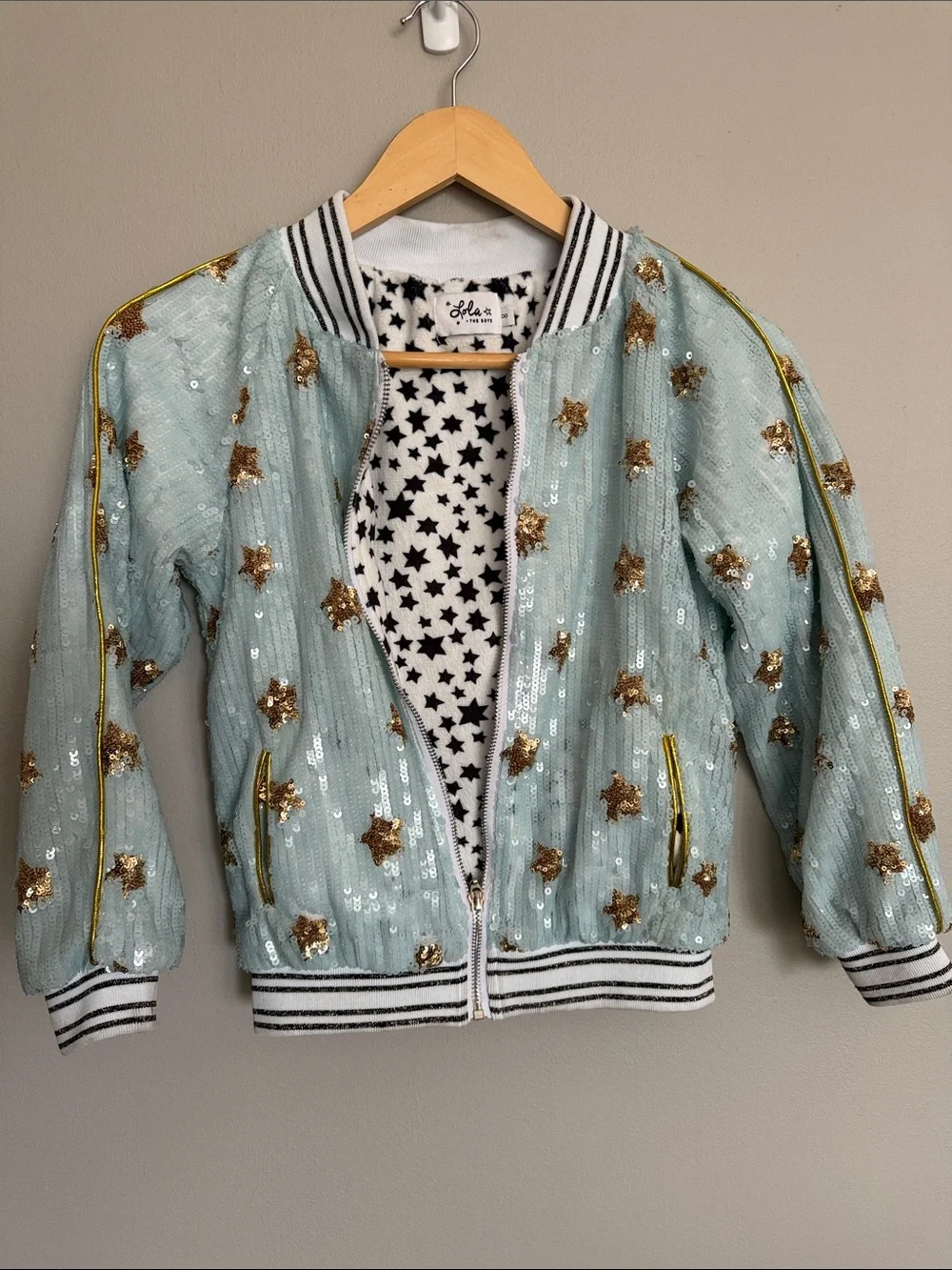 Lola & the boys Light Aqua Sequin Star Bomber Jacket with Gold Stars 8